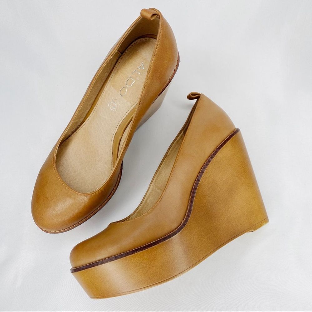 Aldo Tan Leather Wooden Platform Wedge